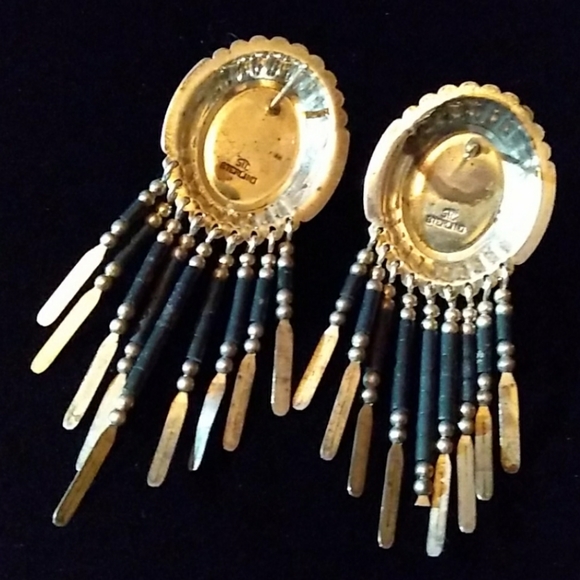 VINTAGE STC Sterl.Silver Onyx Concho Fringe Drop Earrings **WKEND SALE PRICE** - Picture 6 of 12